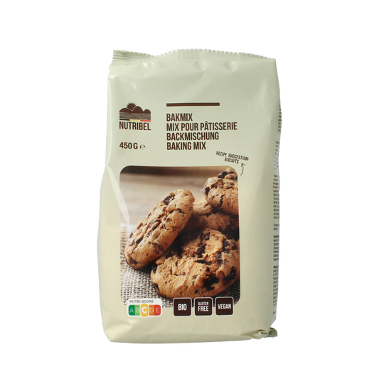 Gluten-free organic Nutribel Bakmix universeel baking mix in a 450g package, suitable for various baking recipes.