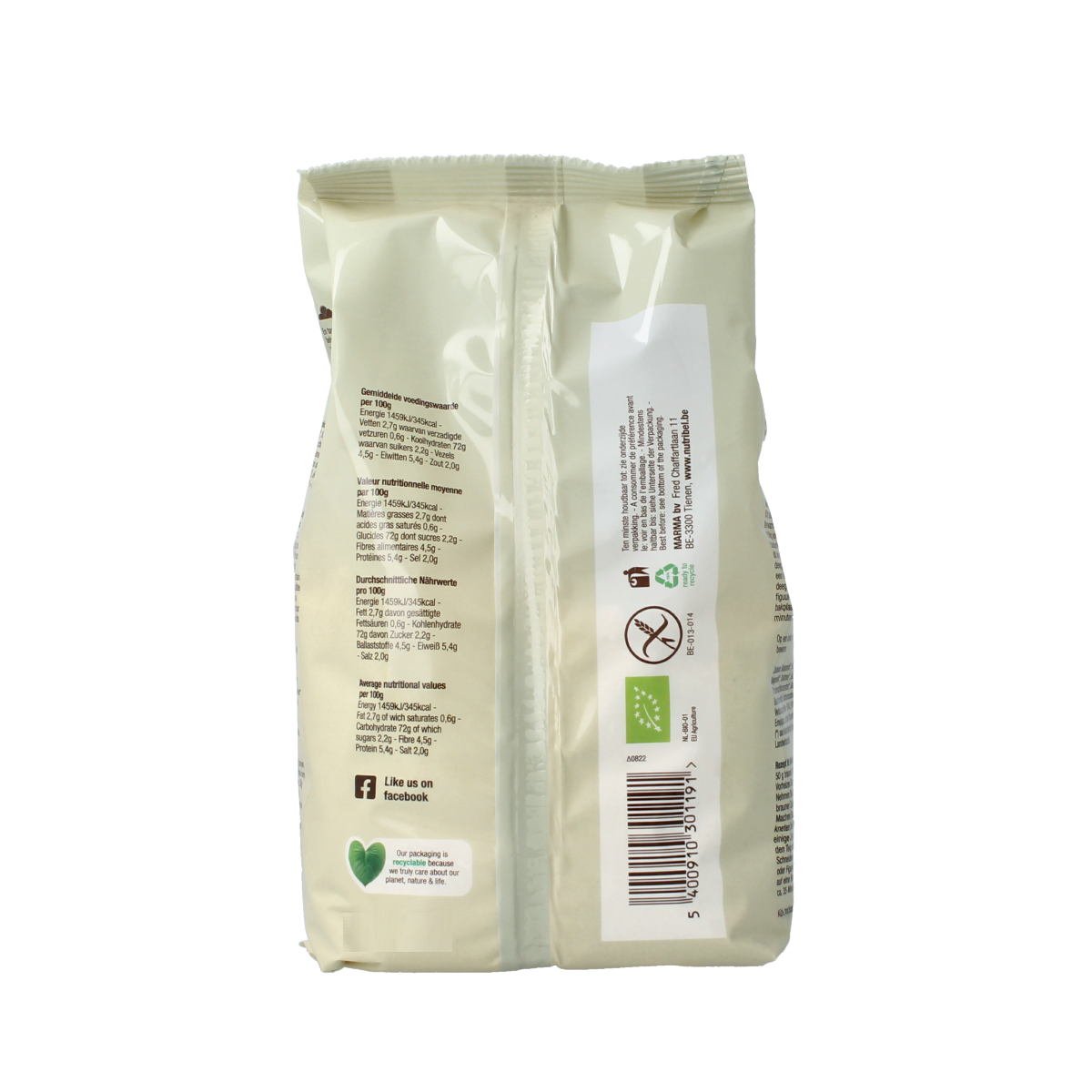 Nutribel glutenvrij bakmix universeel bio in 450g package, showing the baking mix with ingredients and label on the front.