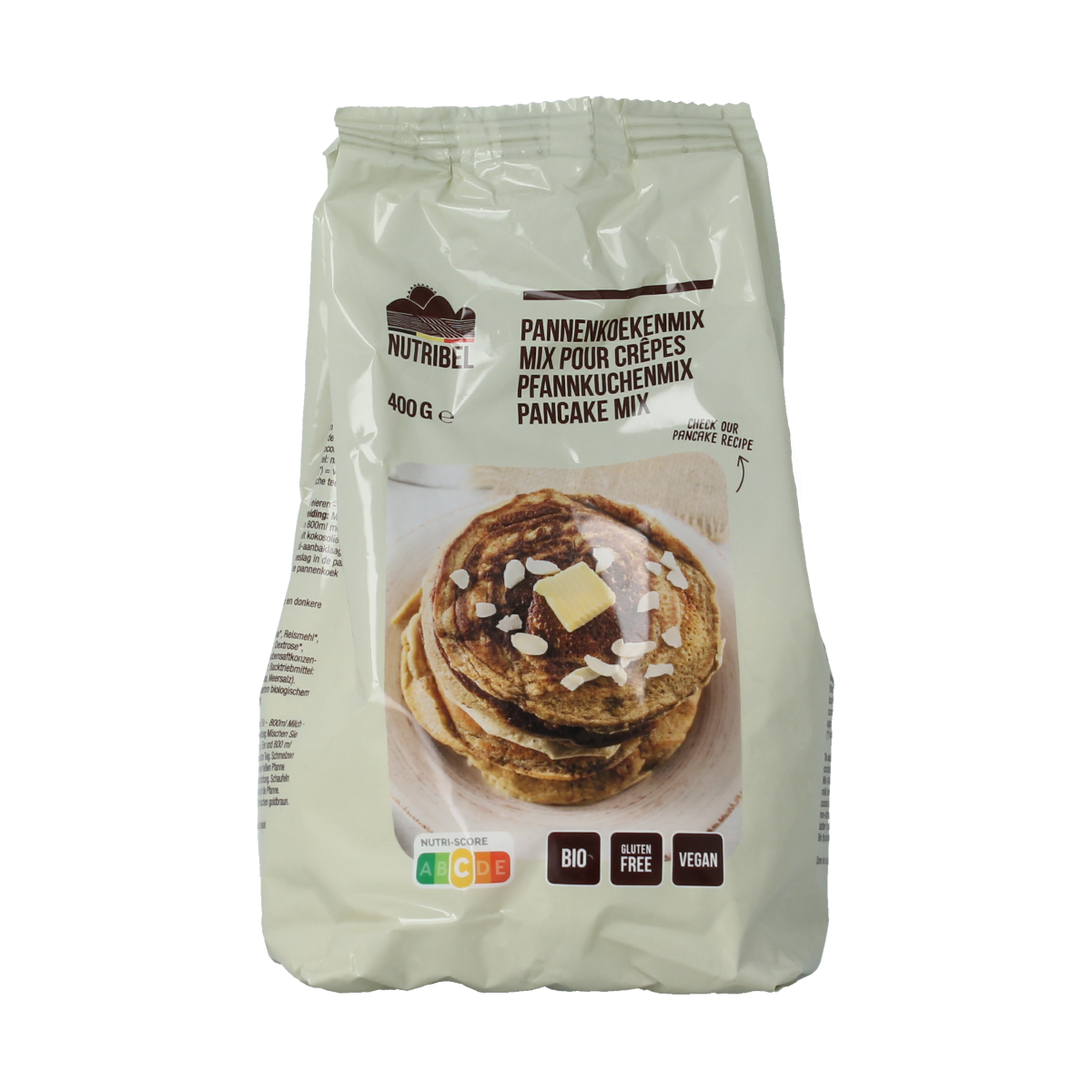 Nutribel gluten-free organic pancake mix in a 400g package, ideal for baking delicious gluten-free pancakes.