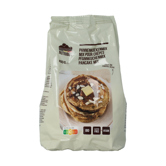 Nutribel gluten-free organic pancake mix in a 400g package, ideal for baking delicious gluten-free pancakes.