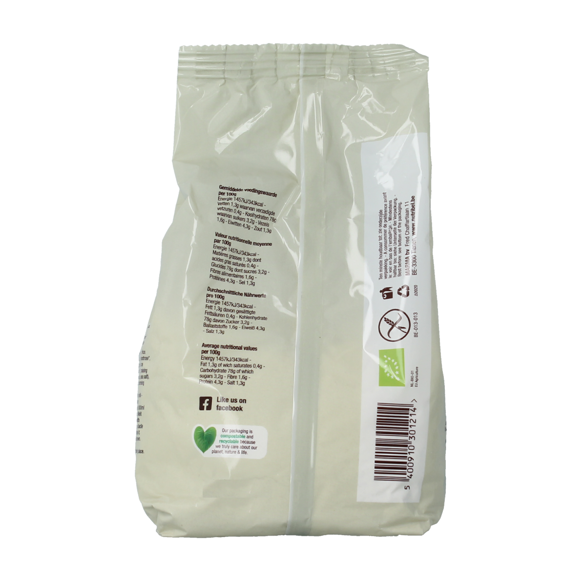 Gluten-free organic pancake mix by Nutribel in 400g package, showing the baking mix with a bowl of pancakes and ingredients.