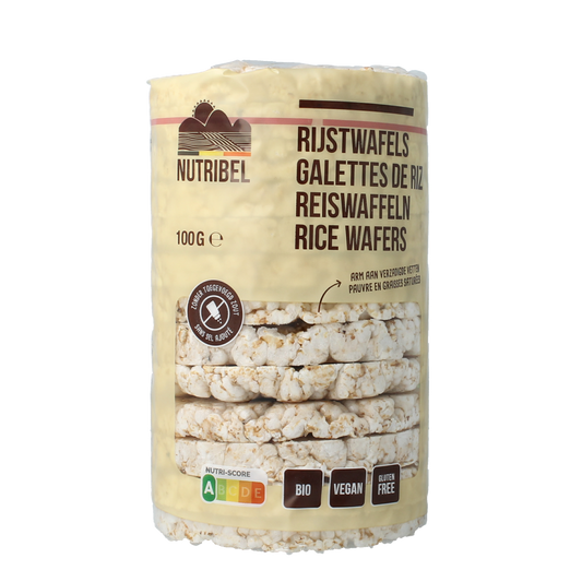 Nutribel gluten-free, unsalted rice cakes in a 100g package, crispy and natural, ideal as a healthy snack or topping.