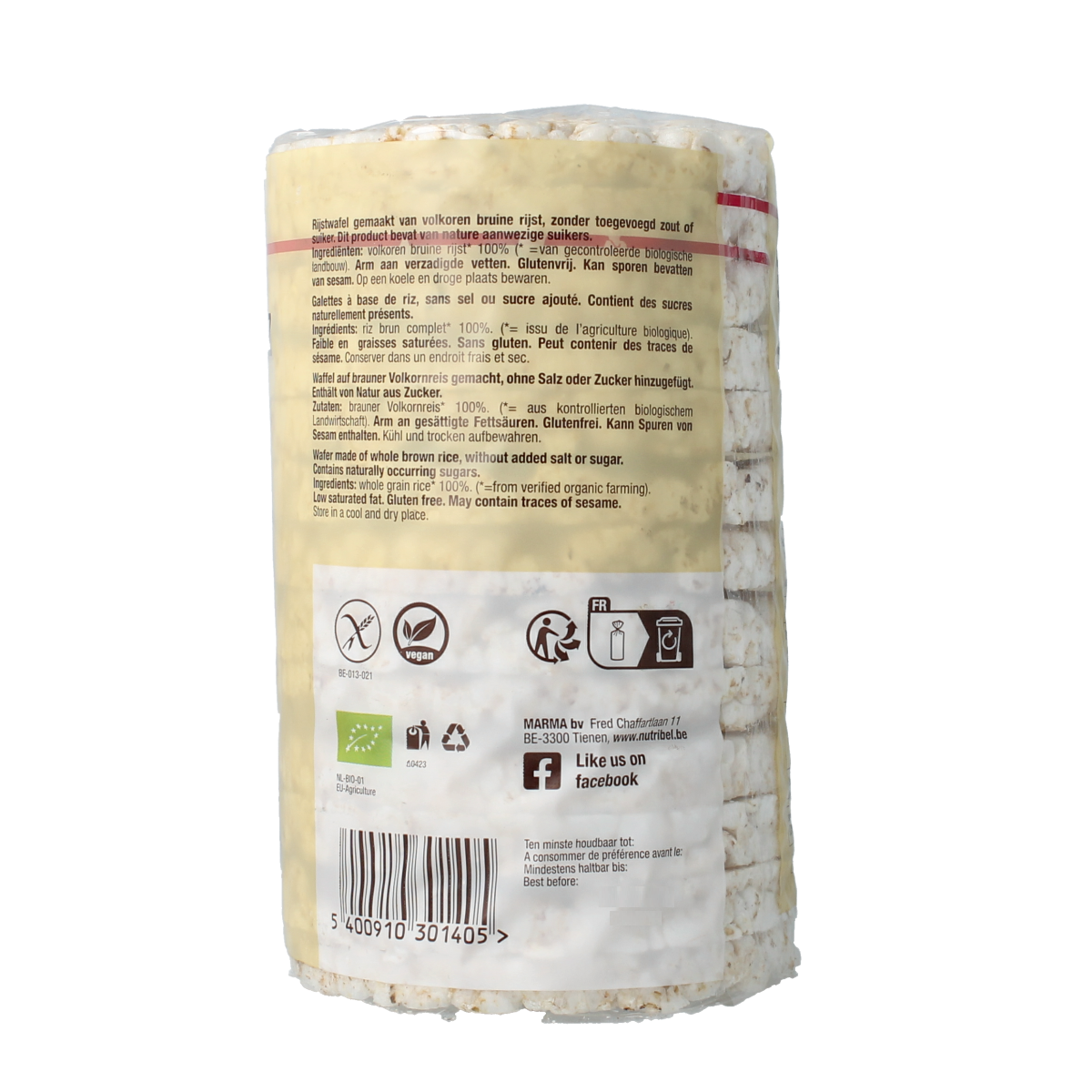 Nutribel gluten-free, unsalted rice cakes in a 100g package, natural and organic, shown in the image.