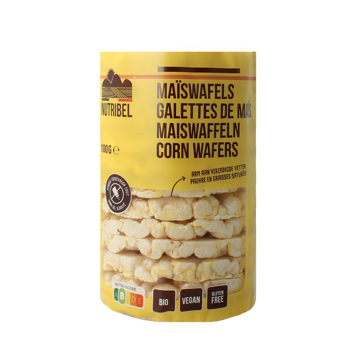 Gluten-free, salty-free Nutribel Maiswafels koeken in een 100g verpakking, glutenvrij en biologisch, met maïs wafels zichtbaar.