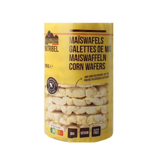Gluten-free, salty-free Nutribel Maiswafels koeken in een 100g verpakking, glutenvrij en biologisch, met maïs wafels zichtbaar.