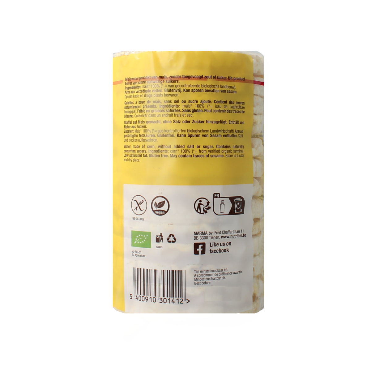 Gluten-free Nutribel Maiswafels without salt, bio, 100g package, showing golden corn-flavored cookies on a white background.