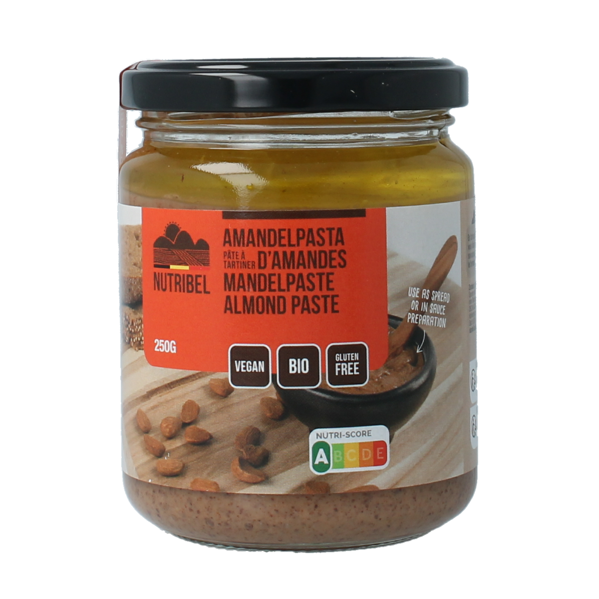 Organic Nutribel almond paste spread on bread, 250g jar, natural almond flavor and smooth texture.