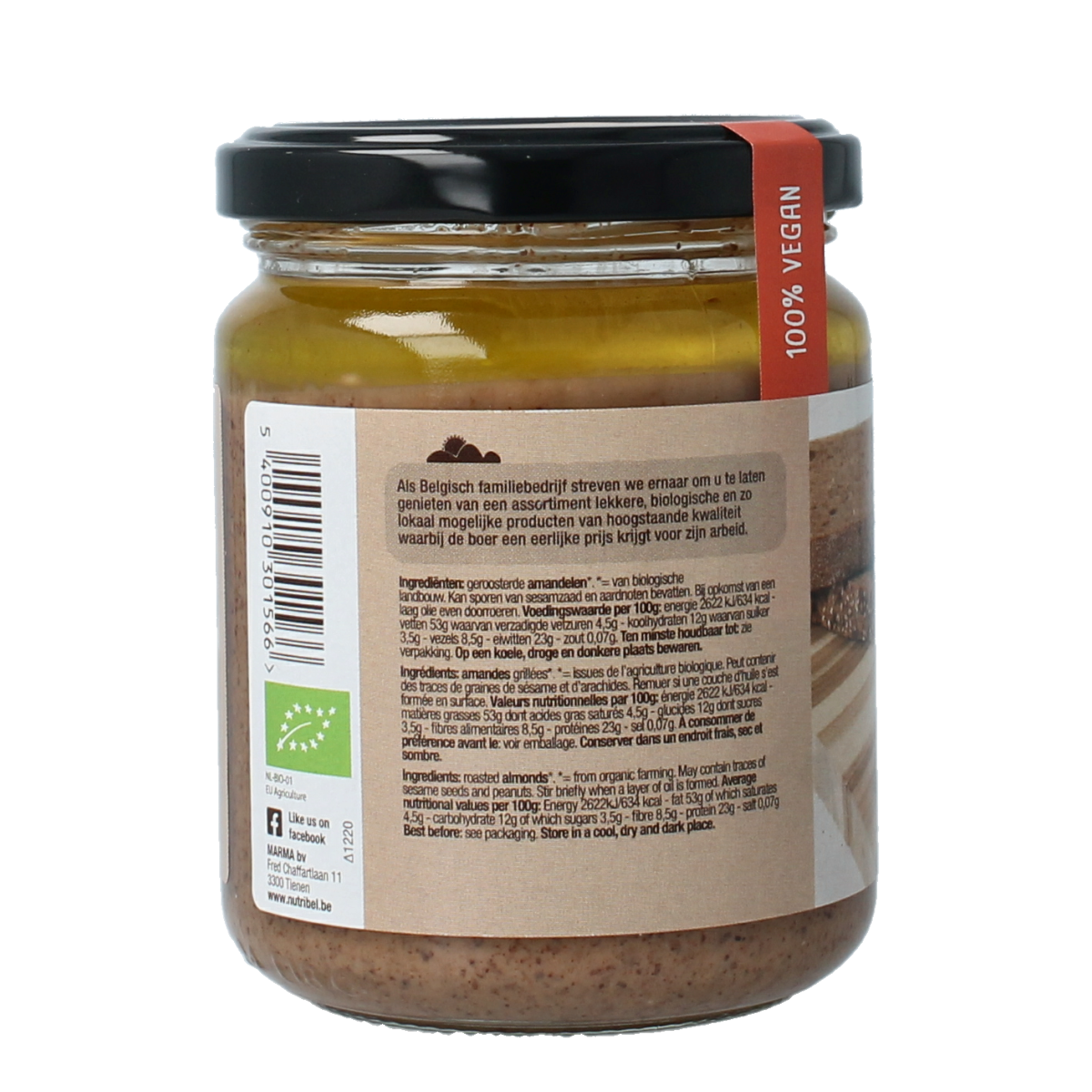 Organic Nutribel almond spread in 250g jar, a nutritious bread topping with a smooth, creamy texture.