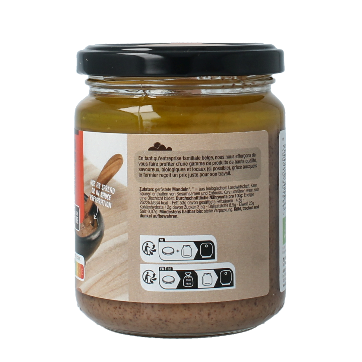 Organic Nutribel almond spread on bread, 250g jar, natural and creamy almond paste for breakfast or snacks.
