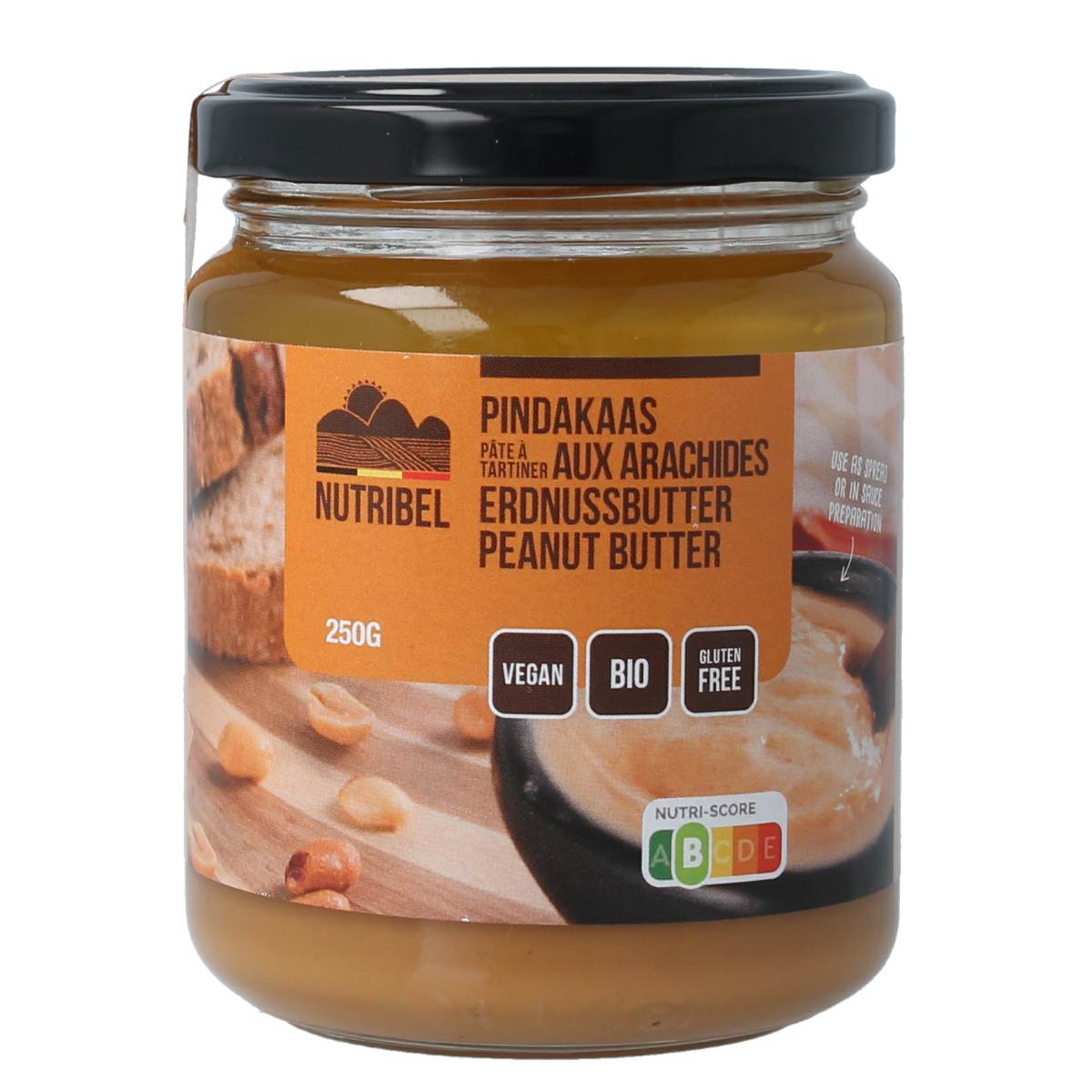 Organic Nutribel peanut butter spread on bread, 250g jar, natural broodbeleg with rich peanut flavor.