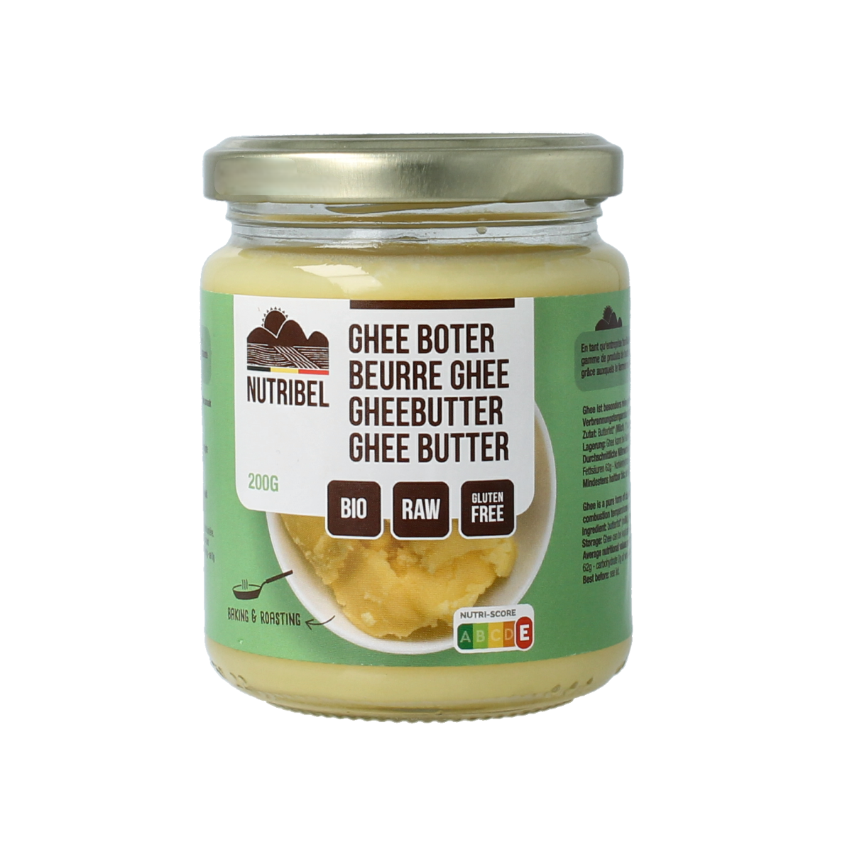 Organic Nutribel Ghee butter in a 200g container, showcasing a golden, creamy ghee suitable for cooking and baking.