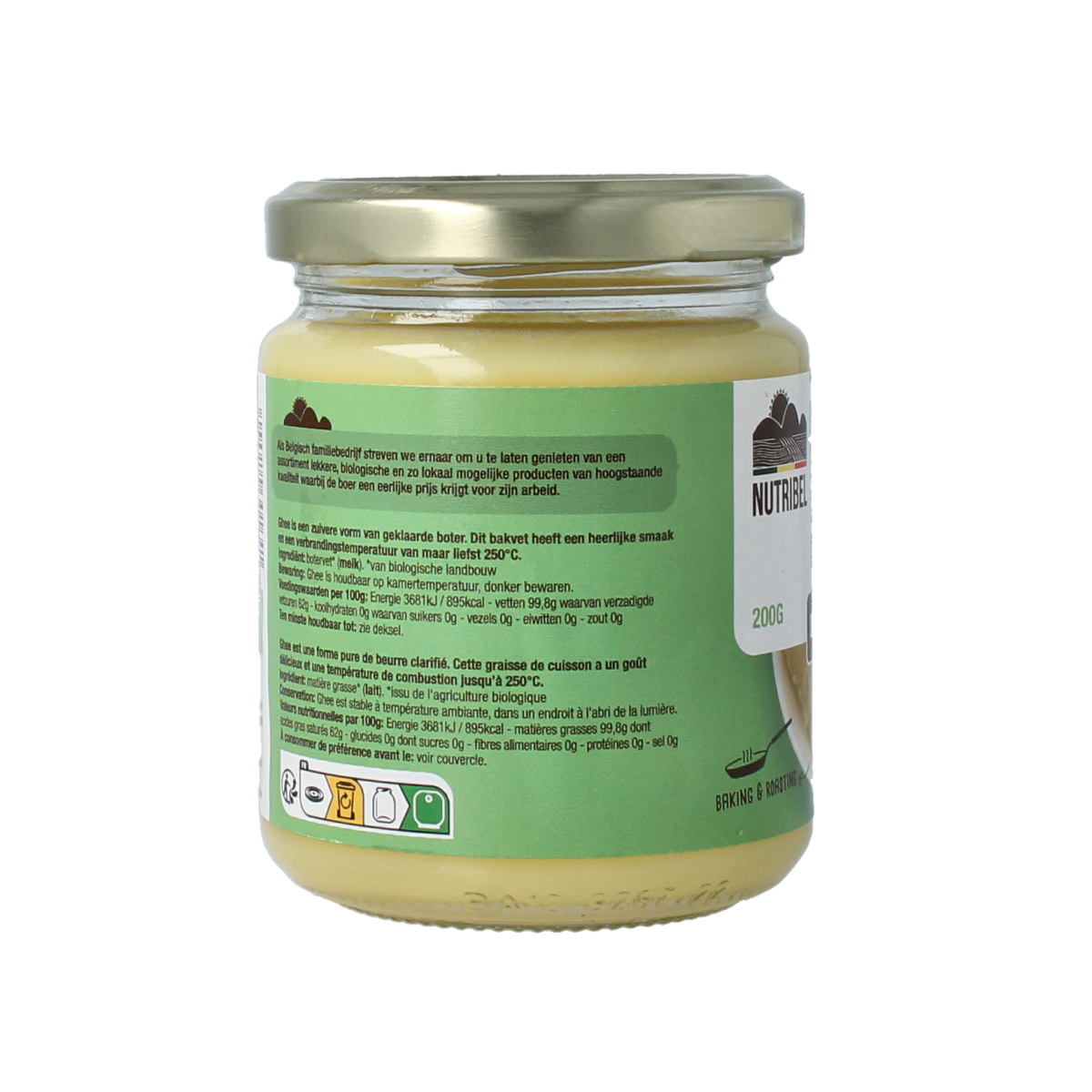 Organic Nutribel Ghee butter 200g in a glass jar, showcasing creamy golden ghee suitable for cooking and baking.