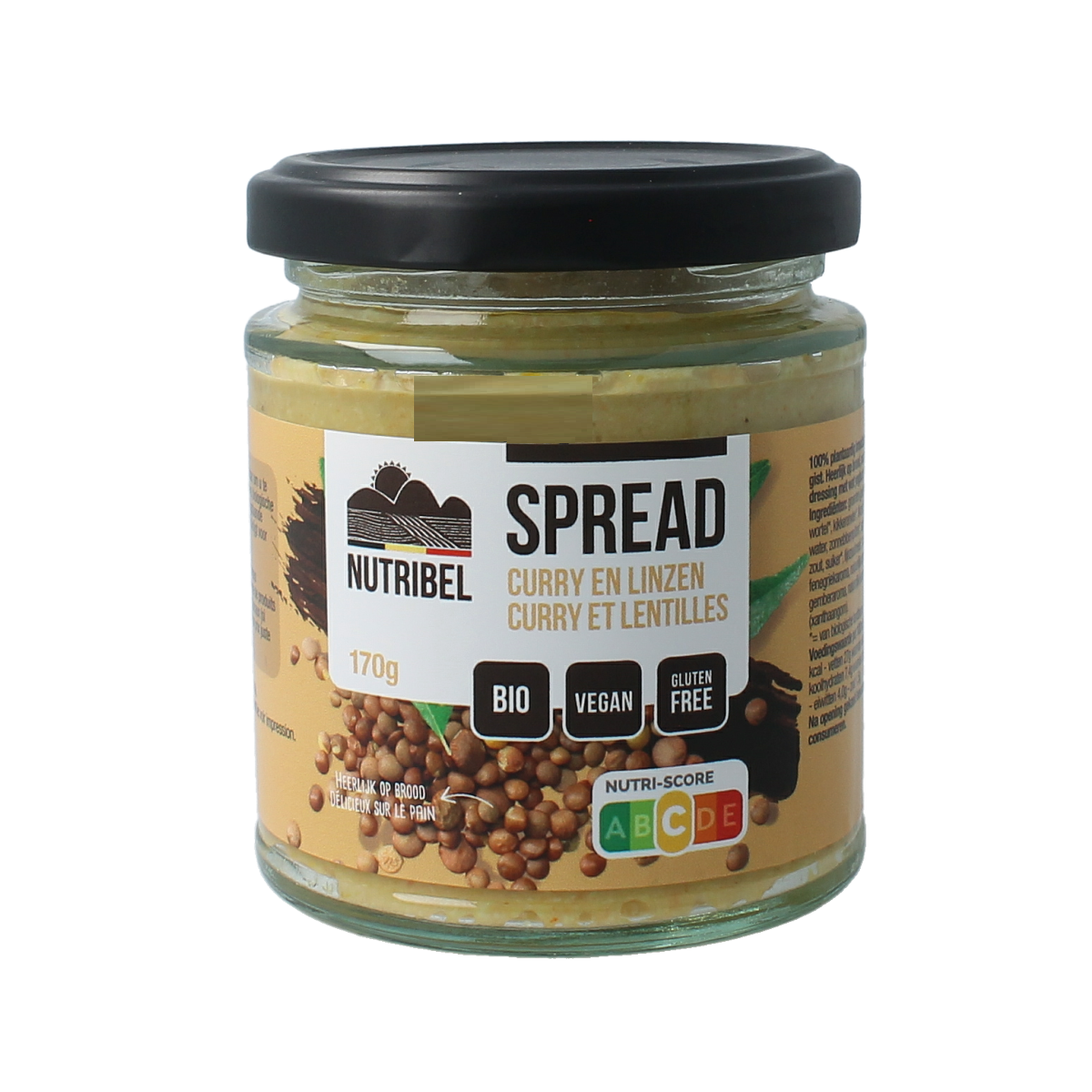 Nutribel Curry Linzen Spread gluten-free organic broodbeleg in 170g jar, showing the spread on bread with curry spices.