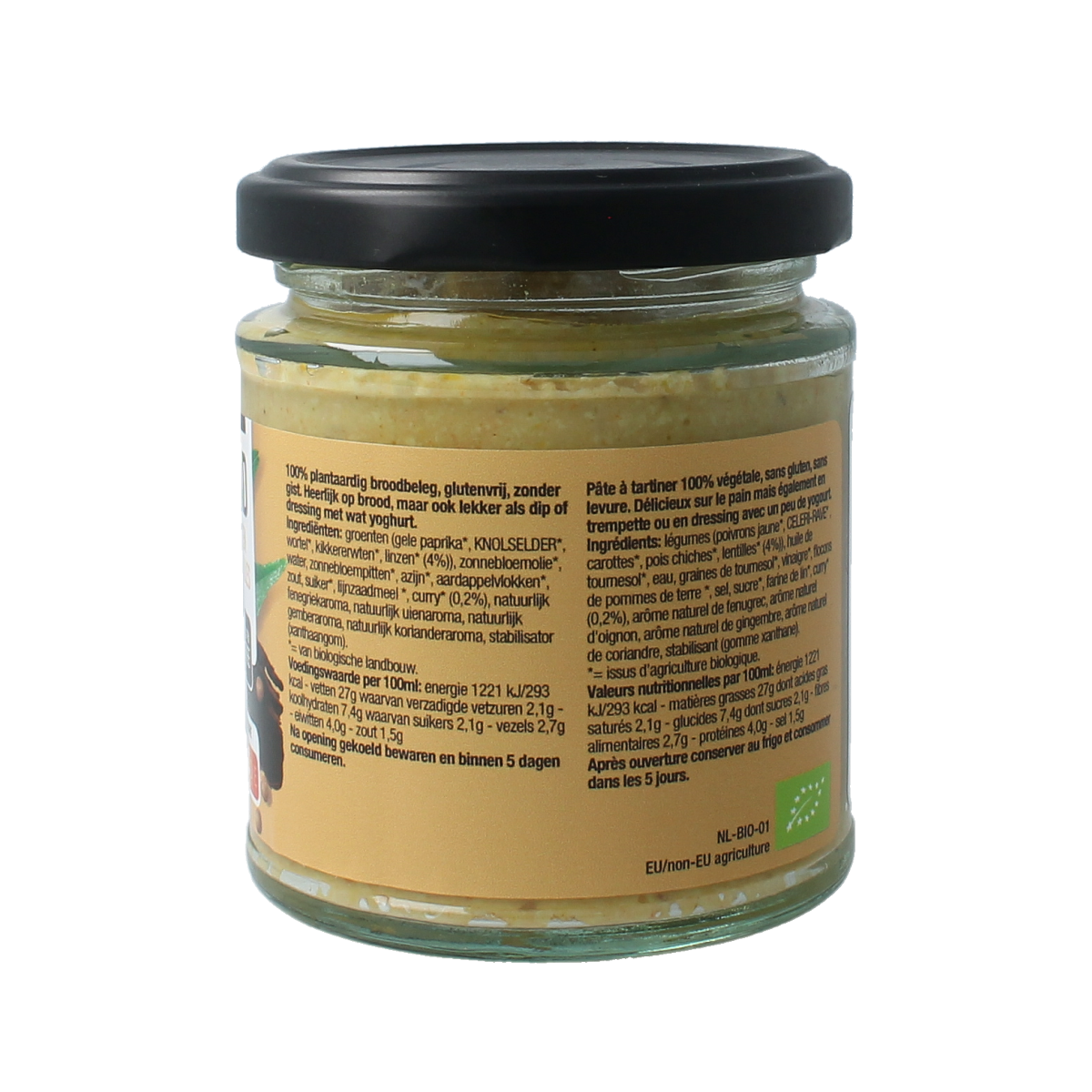 Nutribel Curry Linzen Spread gluten-free bio broodbeleg on bread slice, showcasing creamy lentil spread with curry flavor.