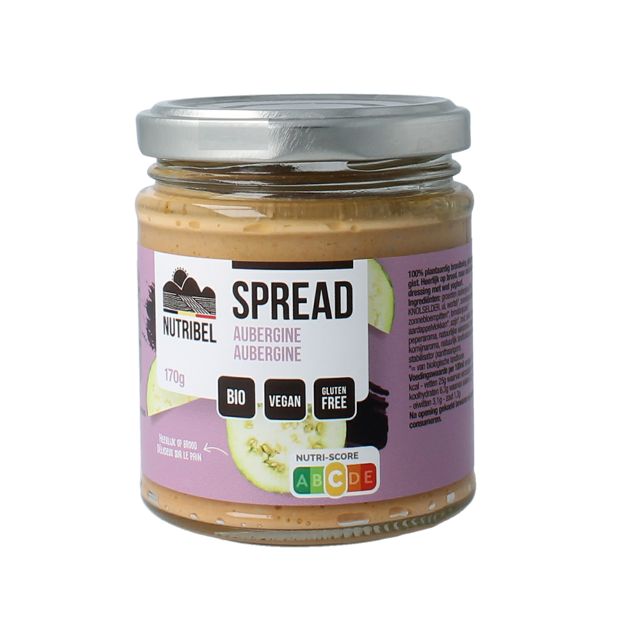 Nutribel aubergine spread gluten-free bio on bread, showing the jar with purple aubergine and label, 170g.
