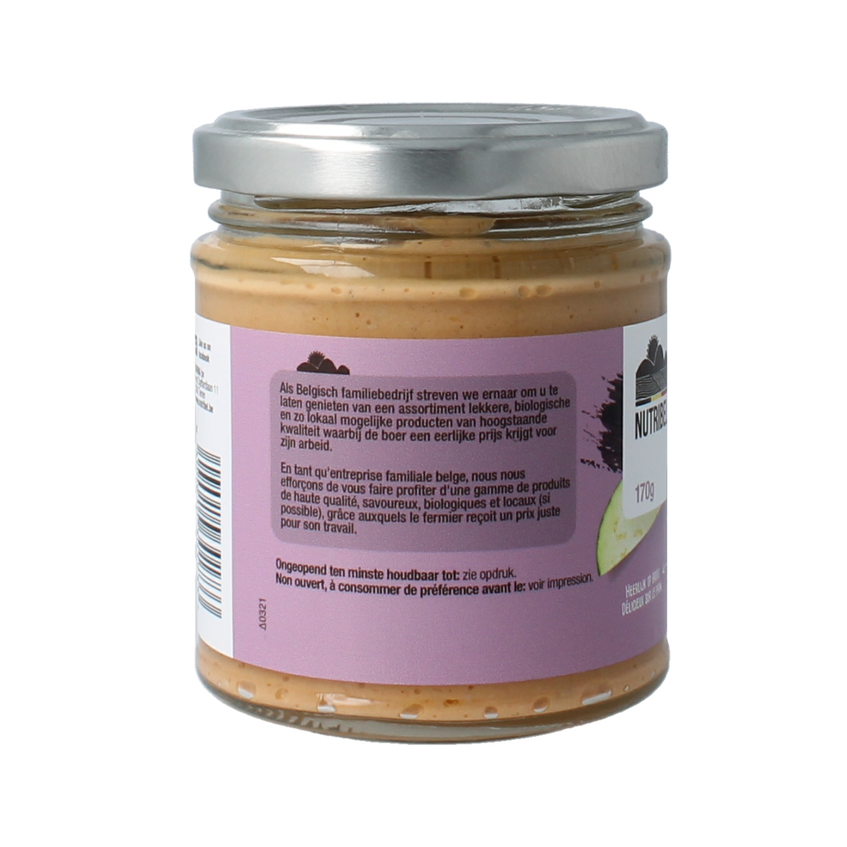 Nutribel aubergine spread gluten-free organic broodbeleg on bread, creamy purple vegetable topping in 170g jar.
