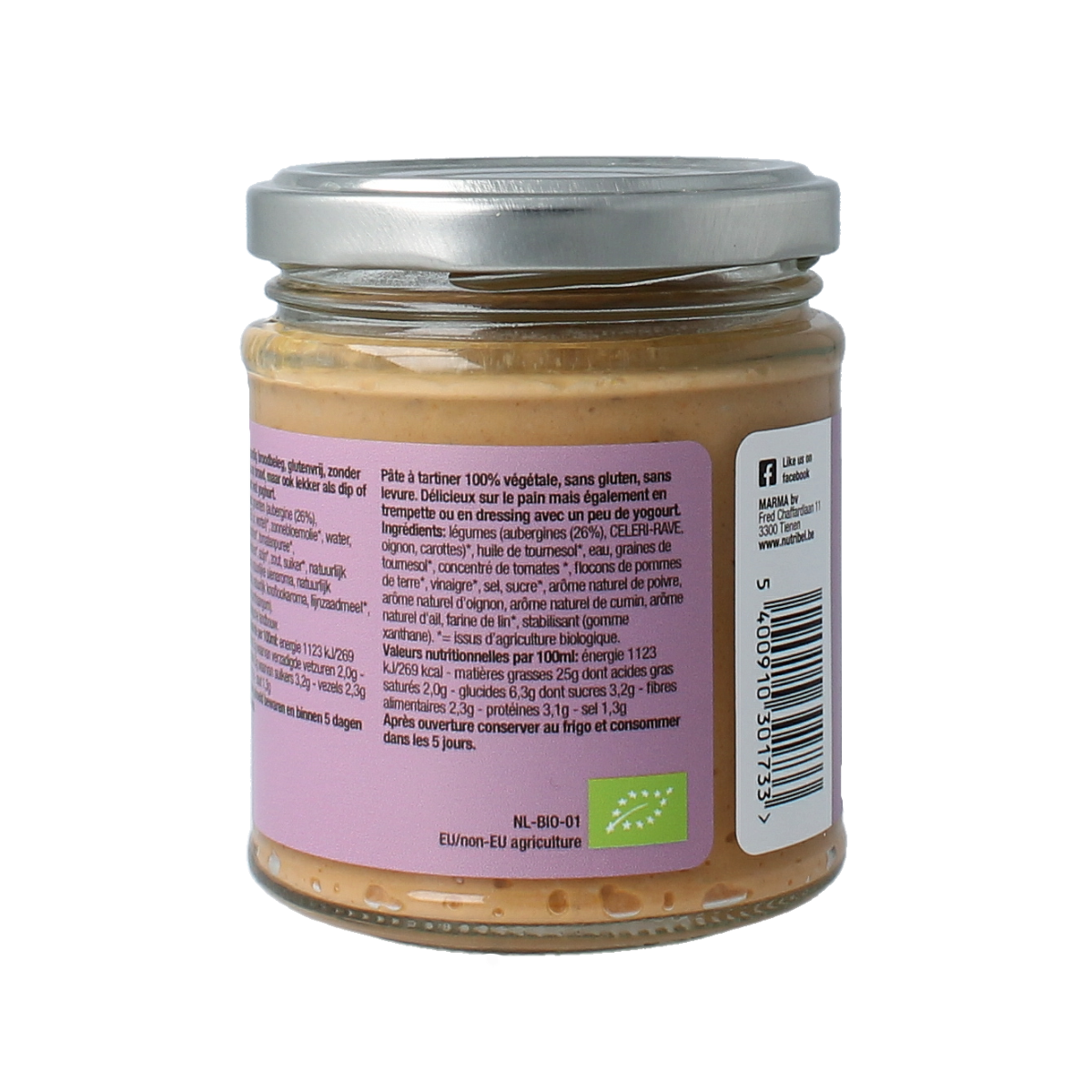 Nutribel Aubergine spread gluten-free organic broodbeleg in 170g jar, smooth purple vegetable spread on bread