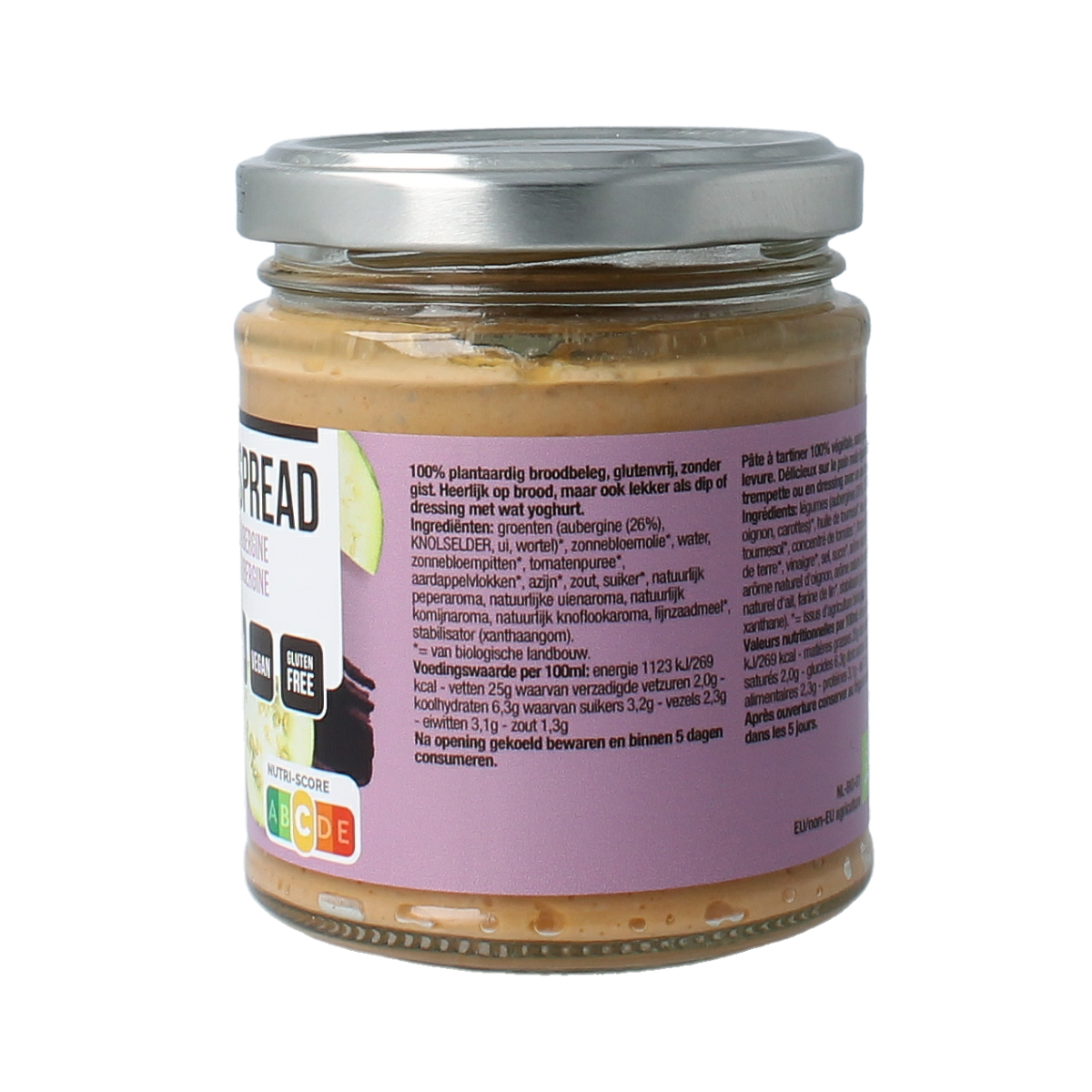 Nutribel aubergine spread gluten-free bio, 170g, shown spread on bread as a healthy broodbeleg.