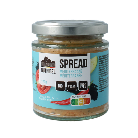 Nutribel Mediterraans glutenvrije biologische broodbeleg spread in 190ml jar, featuring Mediterranean flavors and natural ingredients.
