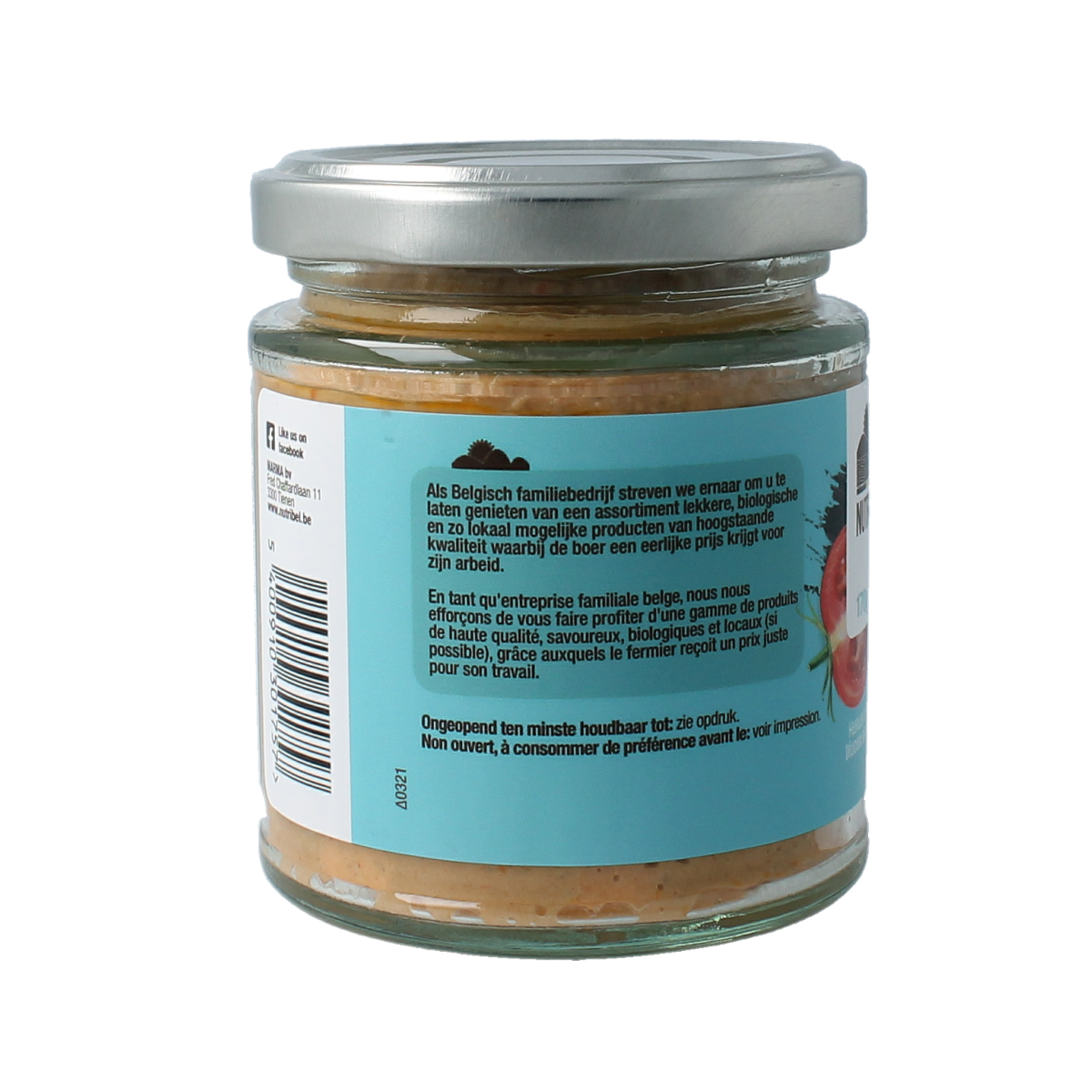Nutribel Mediterraans glutenvrije biologische broodbeleg spread in 190ml jar, showcasing creamy Mediterranean flavor