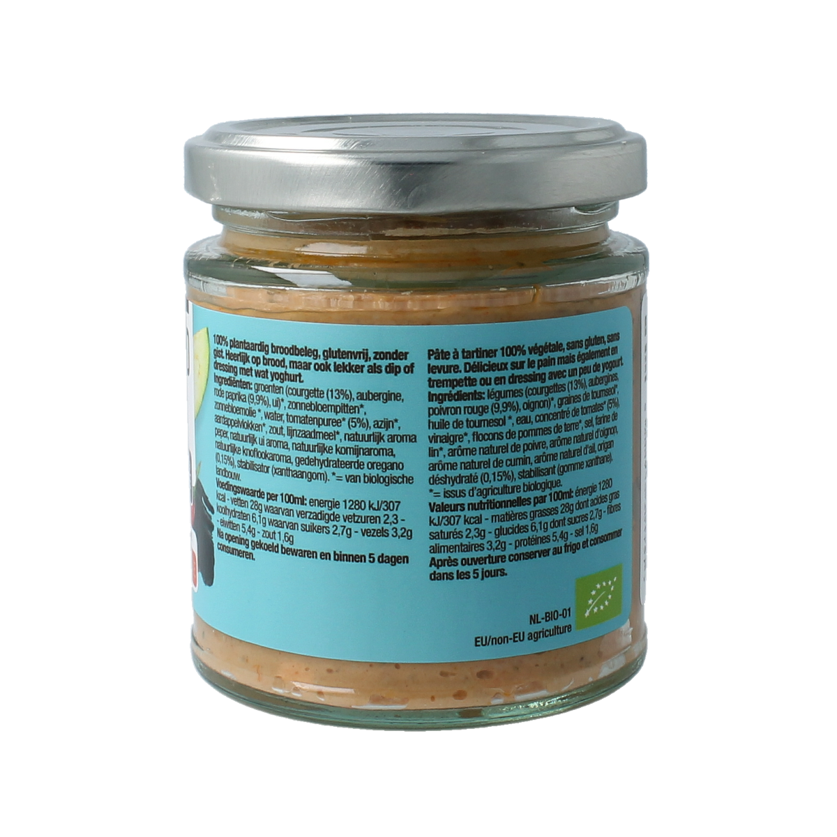 Nutribel Mediterraans gluten-free organic spread on bread, displaying creamy texture and Mediterranean herbs.