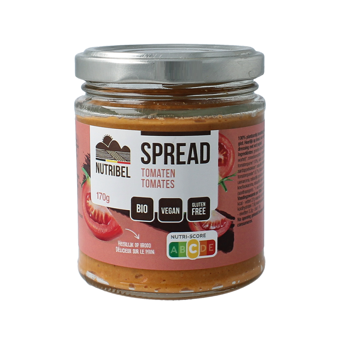 Nutribel tomato spread gluten-free organic broodbeleg in 170ml jar, smooth red tomato and natural ingredients for sandwiches.
