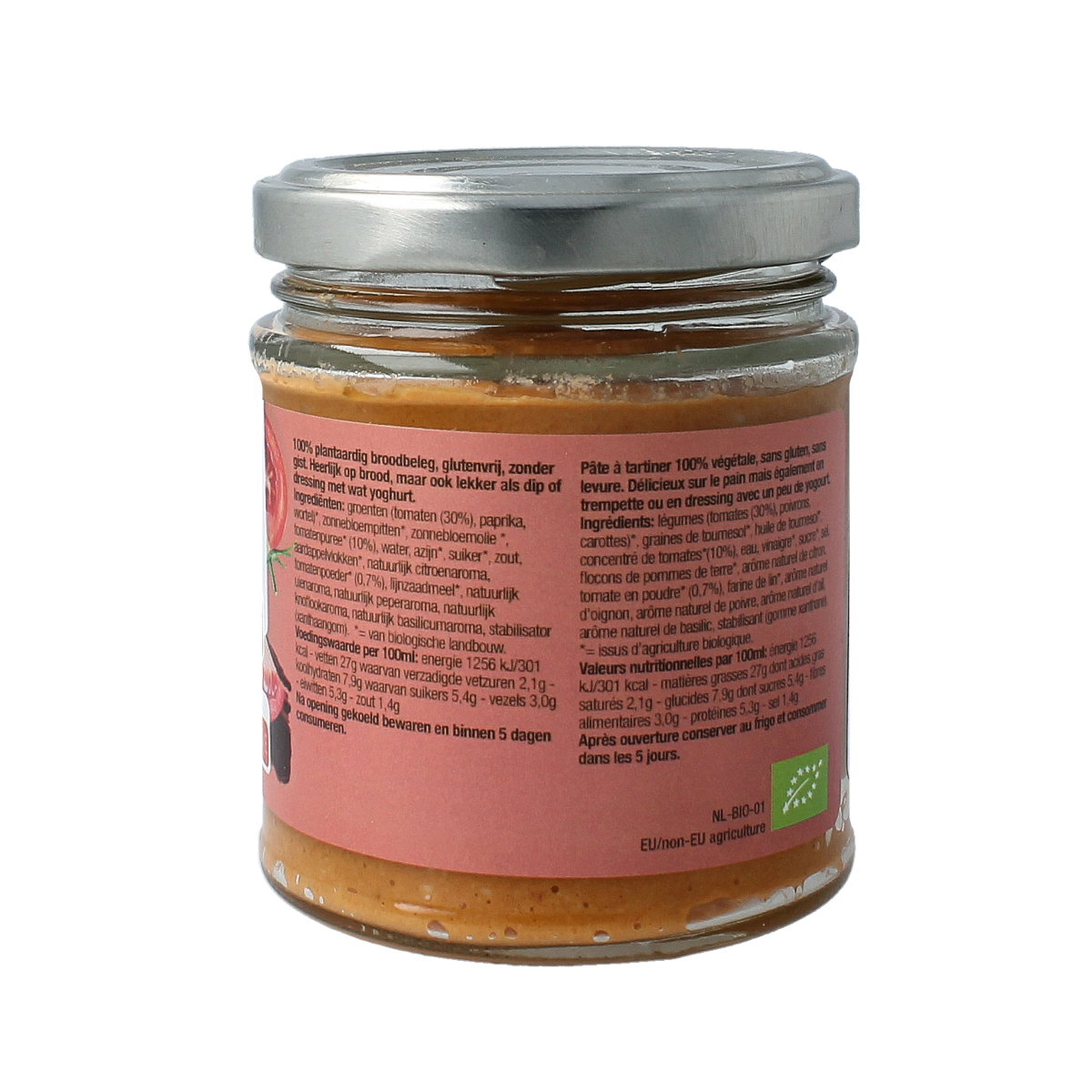 Nutribel Tomaten spread gluten-free organic broodbeleg in 170ml jar, showing vibrant red tomato spread on bread slice.
