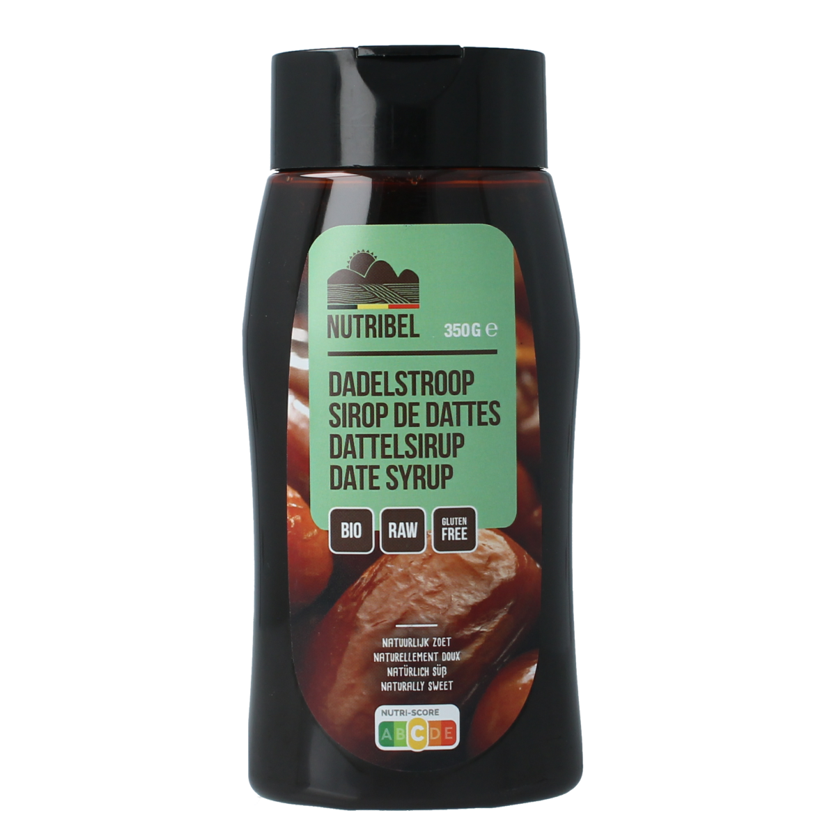 Nutribel organic date syrup spread on bread, 350g jar, natural sweetener and healthy broodbeleg option.