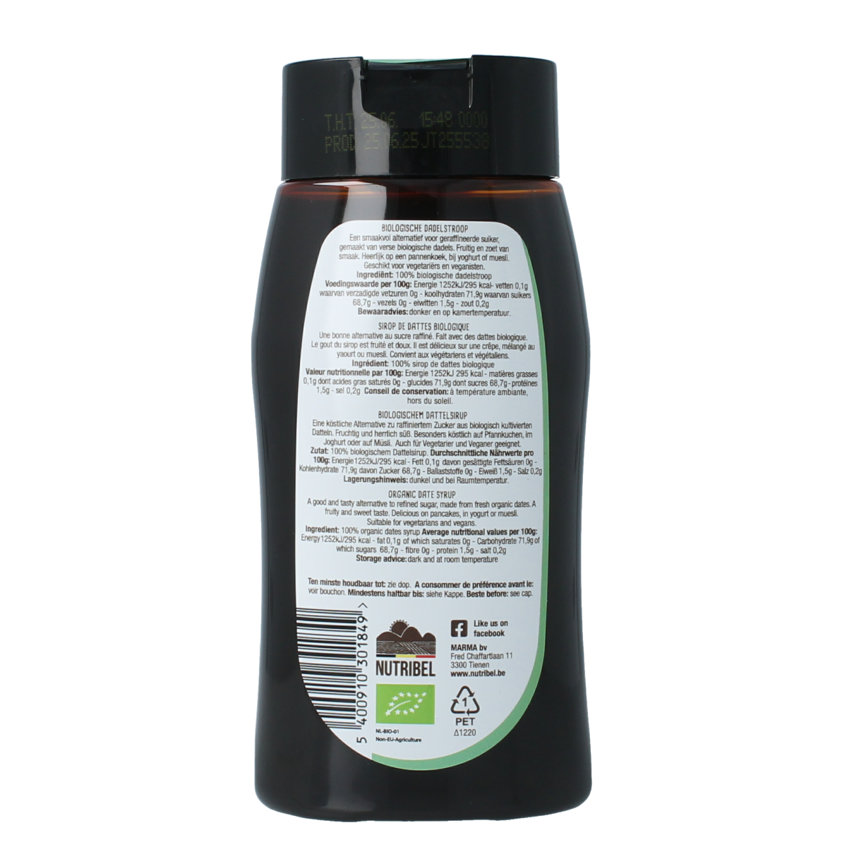Organic Nutribel Dadelstroop spread on bread, showcasing rich caramel-colored date syrup in a jar.