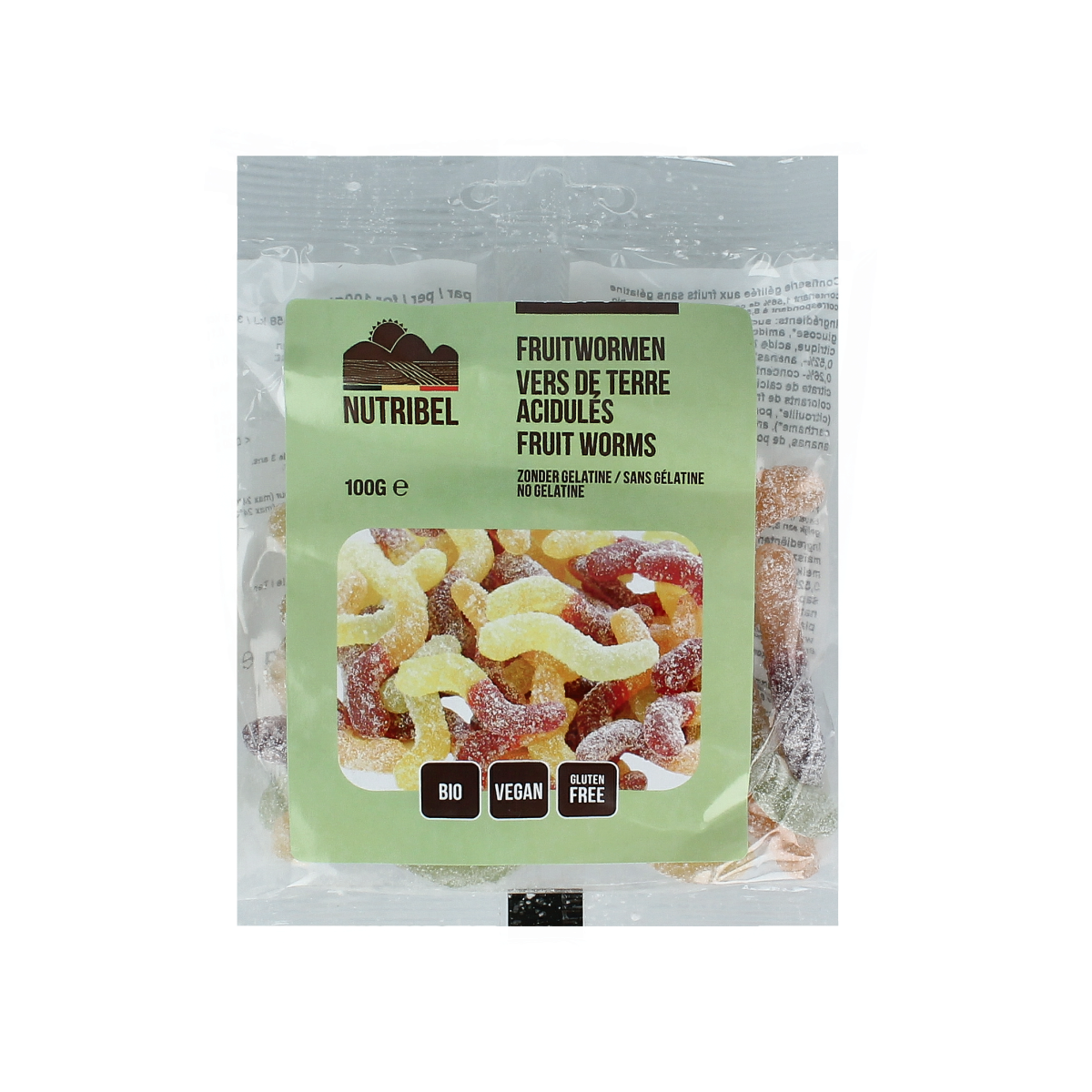 Organic Nutribel fruitwormen snoepgoed in 100g package, colorful gummy candies with fruit flavors.