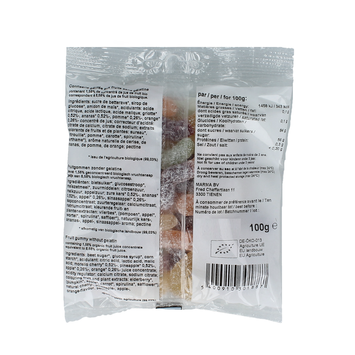 Organic Nutribel fruitwormen candy in a 100g package, colorful and sweet snack for children and adults