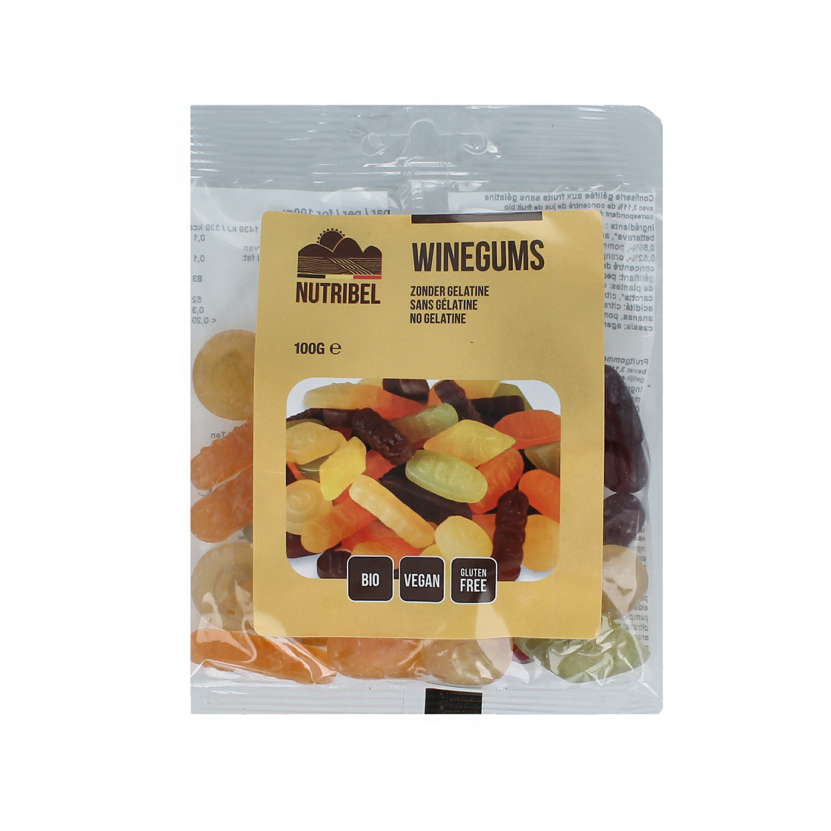 Nutribel bio winegums, 100g, colorful chewy fruit candies in a clear plastic bag, natural and organic snack from Nutribel.