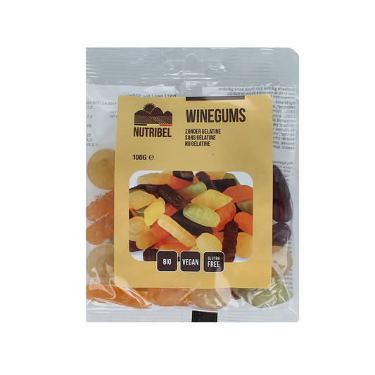 Nutribel bio winegums, 100g, colorful chewy fruit candies in a clear plastic bag, natural and organic snack from Nutribel.
