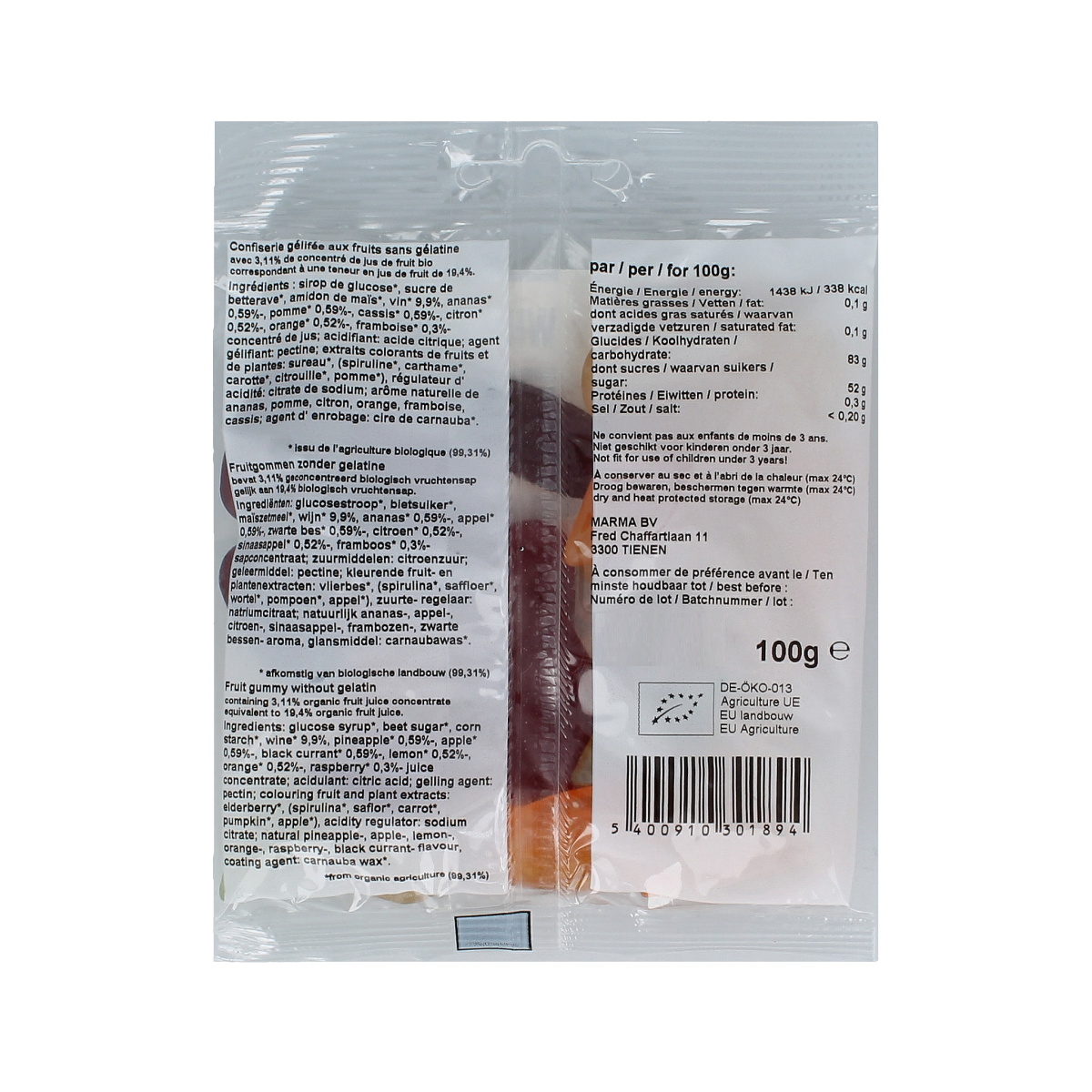 Nutribel bio winegums candy in a 100g package, colorful chewy snoepgoed with fruit flavors and natural ingredients.