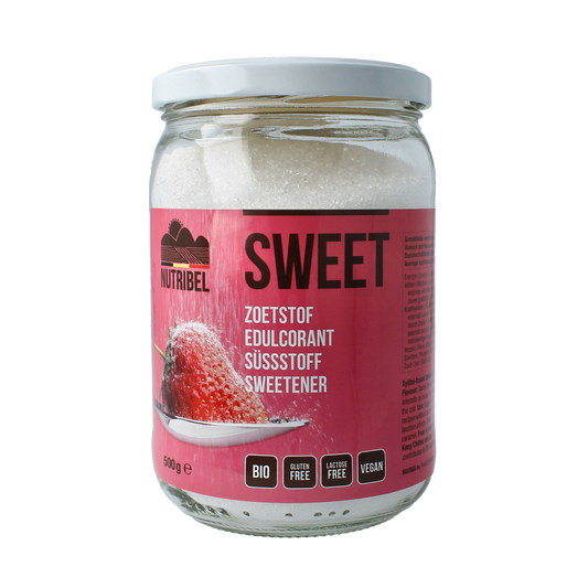 Nutribel Sweet xylitol bio in 500g package, natural sweetener for baking and beverages, with fresh, white crystalline appearance.