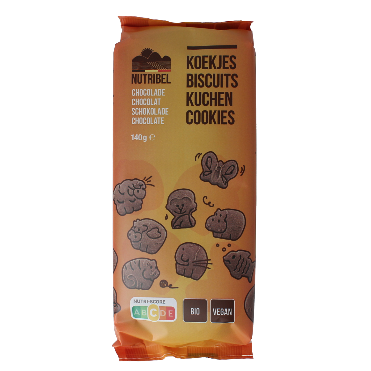 Nutribel Kinderkoekjes chocolade bio, 140g, showing crispy chocolate-flavored cookies in a transparent package.