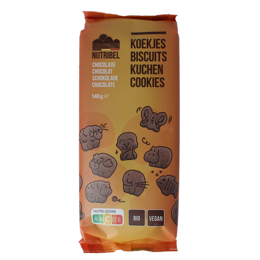 Nutribel Kinderkoekjes chocolade bio, 140g, showing crispy chocolate-flavored cookies in a transparent package.