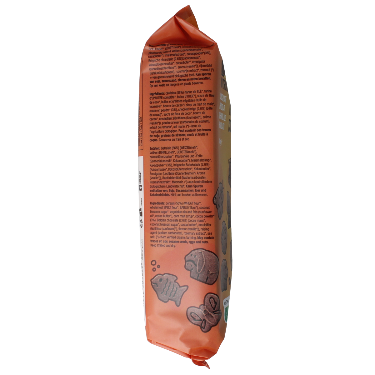 Nutribel Kinderkoekjes chocolade bio, 140g, featuring chocolate-flavored cookies in a package with colorful branding.
