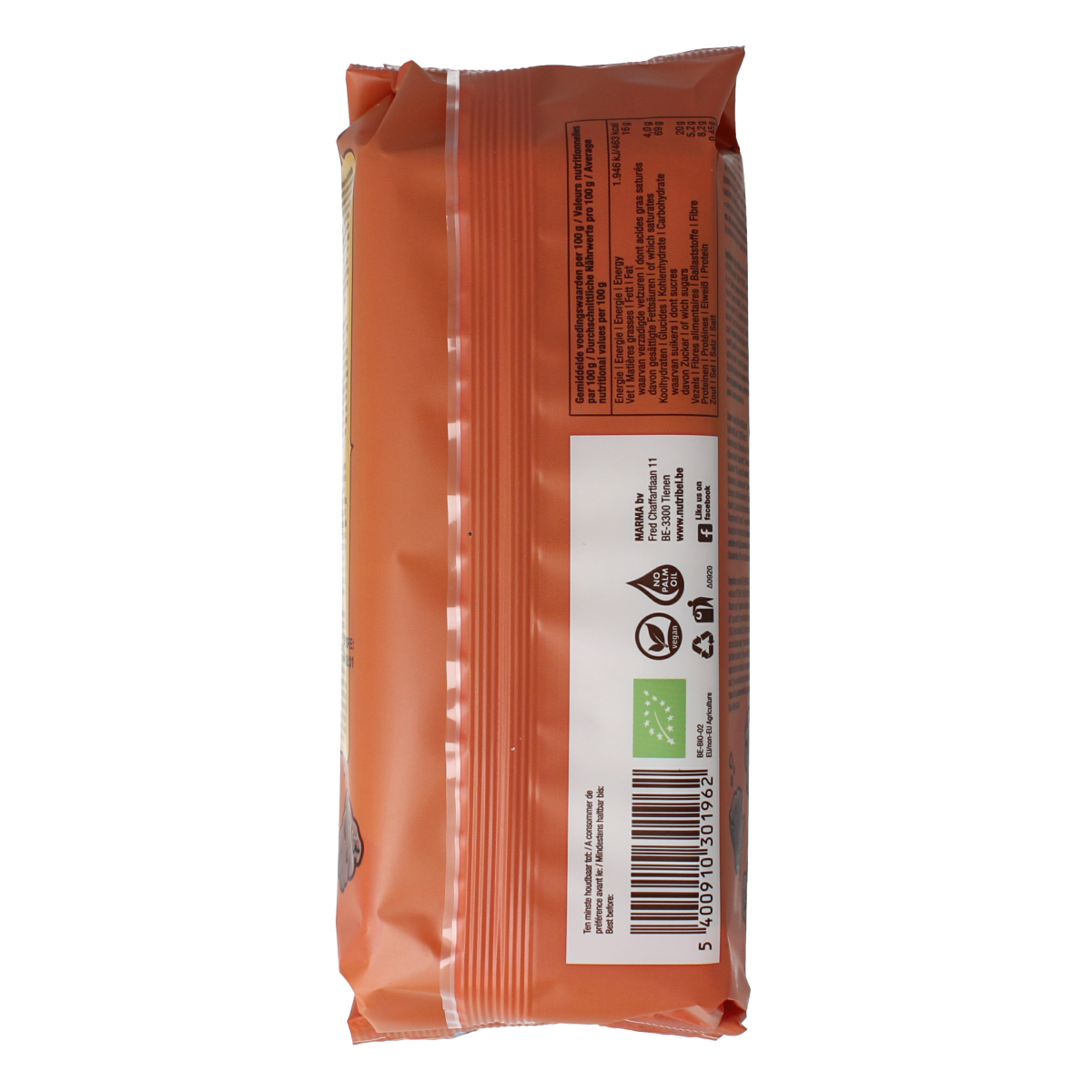 Nutribel Kinderkoekjes chocolade bio, 140g, showing a pack of chocolate-flavored organic cookies with colorful packaging.
