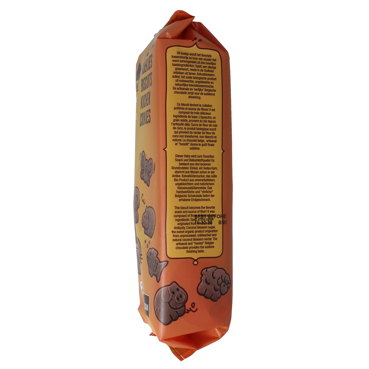 Nutribel Kinderkoekjes chocolade bio, 140g, showing a package of chocolate-flavored organic cookies for children.