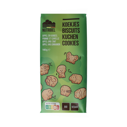 Nutribel Kinderkoekjes met appel en kaneel, biologische koeken voor kinderen, 140g, met appel en kaneel smaak.