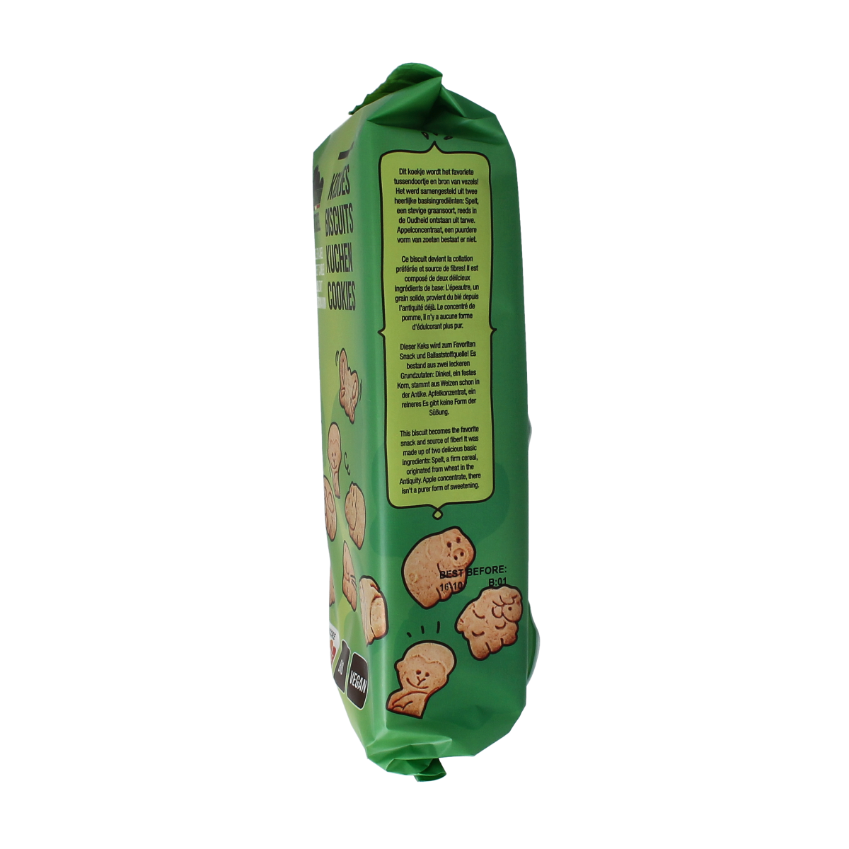 Nutribel organic children's apple cinnamon cookies on a white plate, showing golden-brown koeken with apple and cinnamon flavor.
