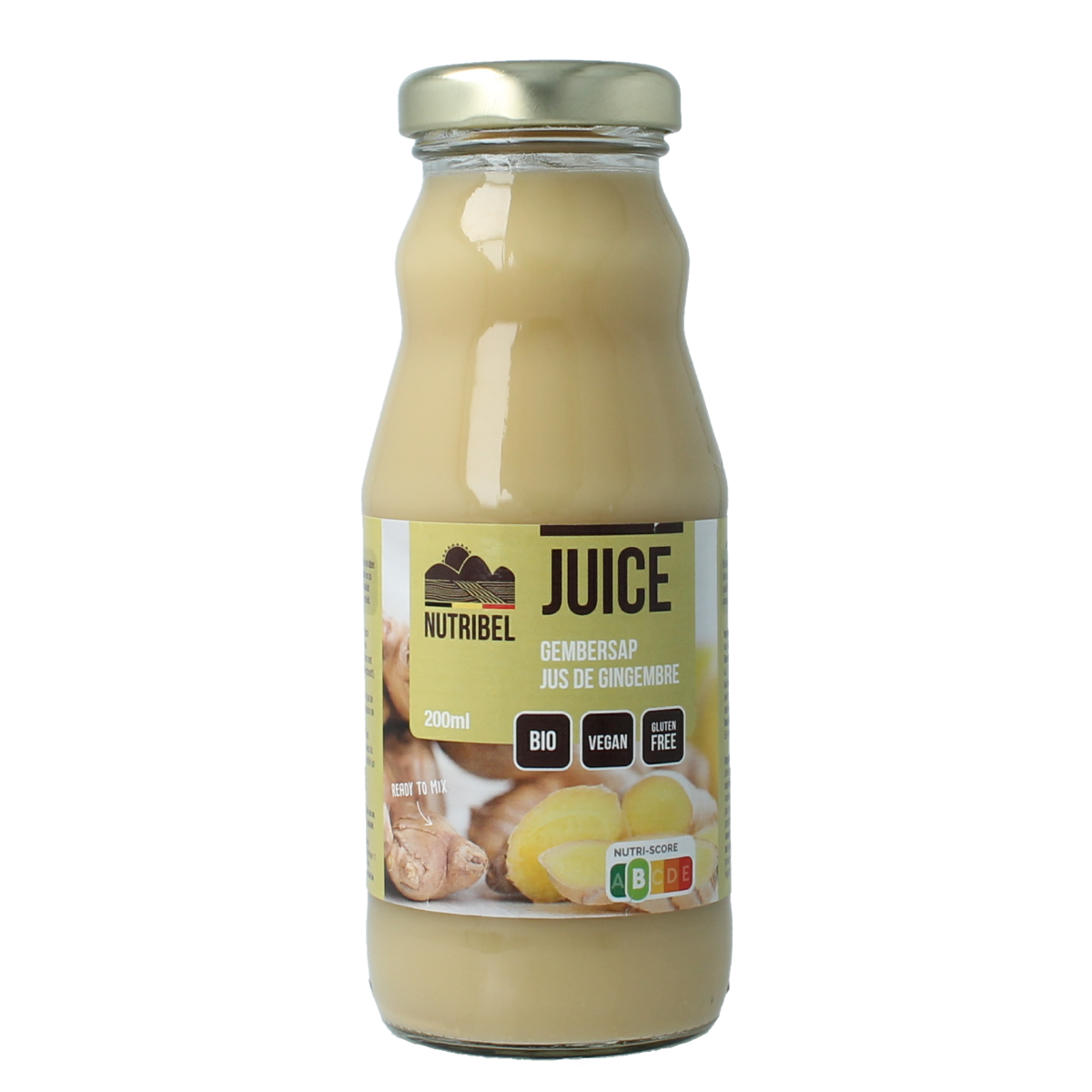 Nutribel bio gembersap in 200ml bottle, natural ginger juice from the Nutribel brand, in a clear glass bottle with a label.