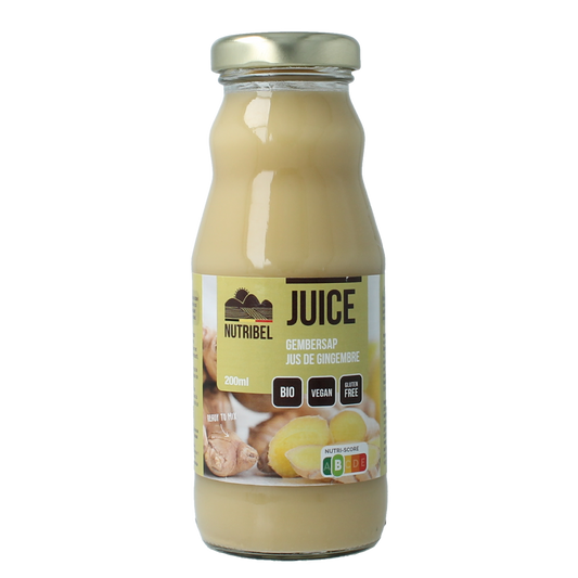 Nutribel bio gembersap in 200ml bottle, natural ginger juice from the Nutribel brand, in a clear glass bottle with a label.