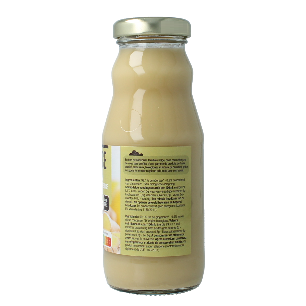 Nutribel bio gembersap bottle, 200ml, in clear glass with label, showcasing fresh ginger root and natural ingredients.