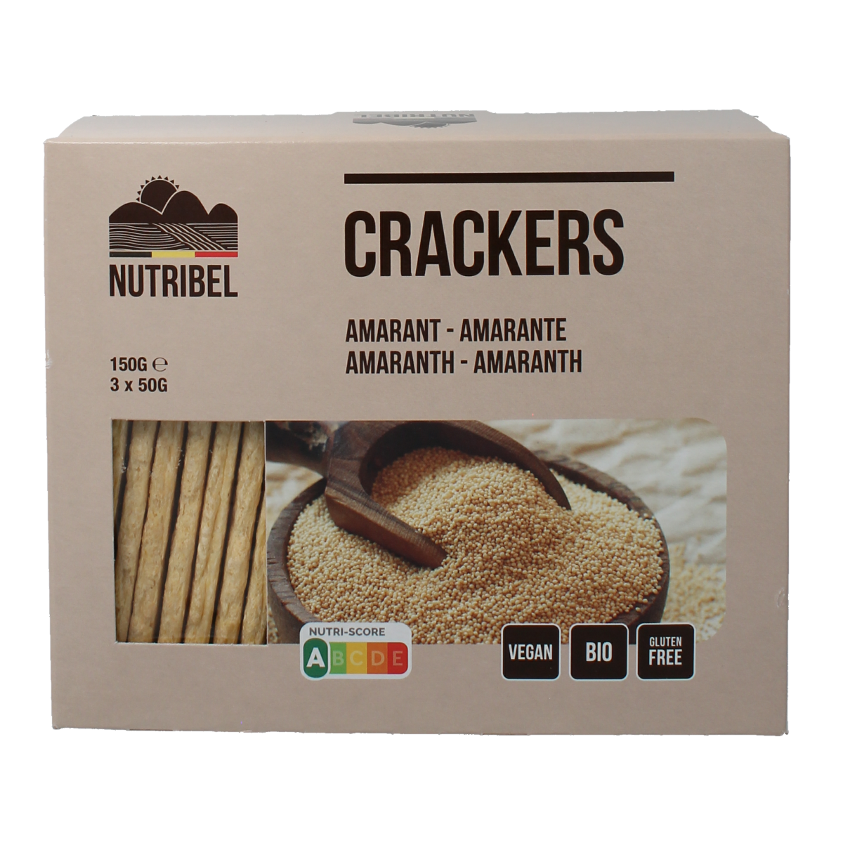 Nutribel bio amaranth crackers in a 150g package, showcasing crispy, golden brown whole grain crackers on a white background.