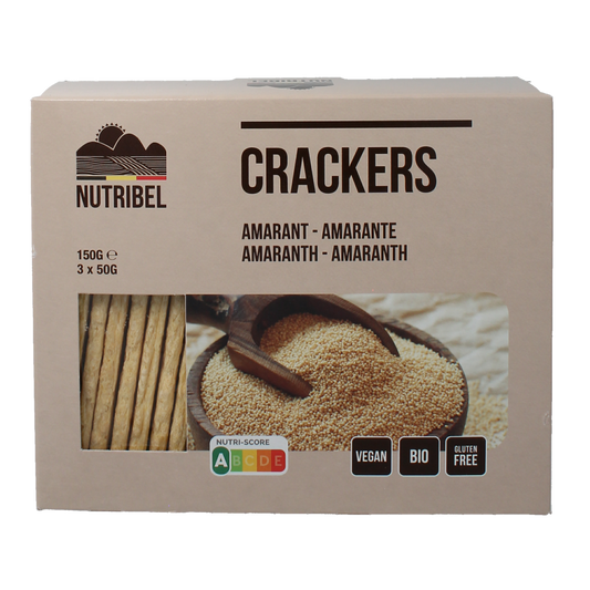 Nutribel bio amaranth crackers in a 150g package, showcasing crispy, golden brown whole grain crackers on a white background.