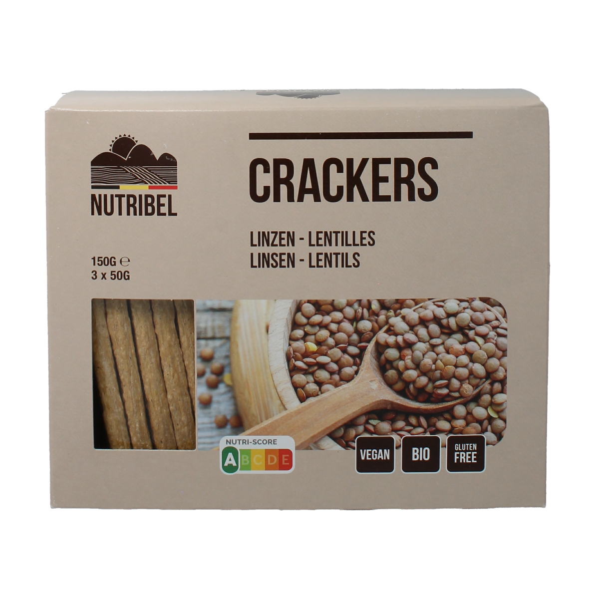 Nutribel organic lentil crackers in 150g package, crispy whole grain bread snack with natural ingredients.