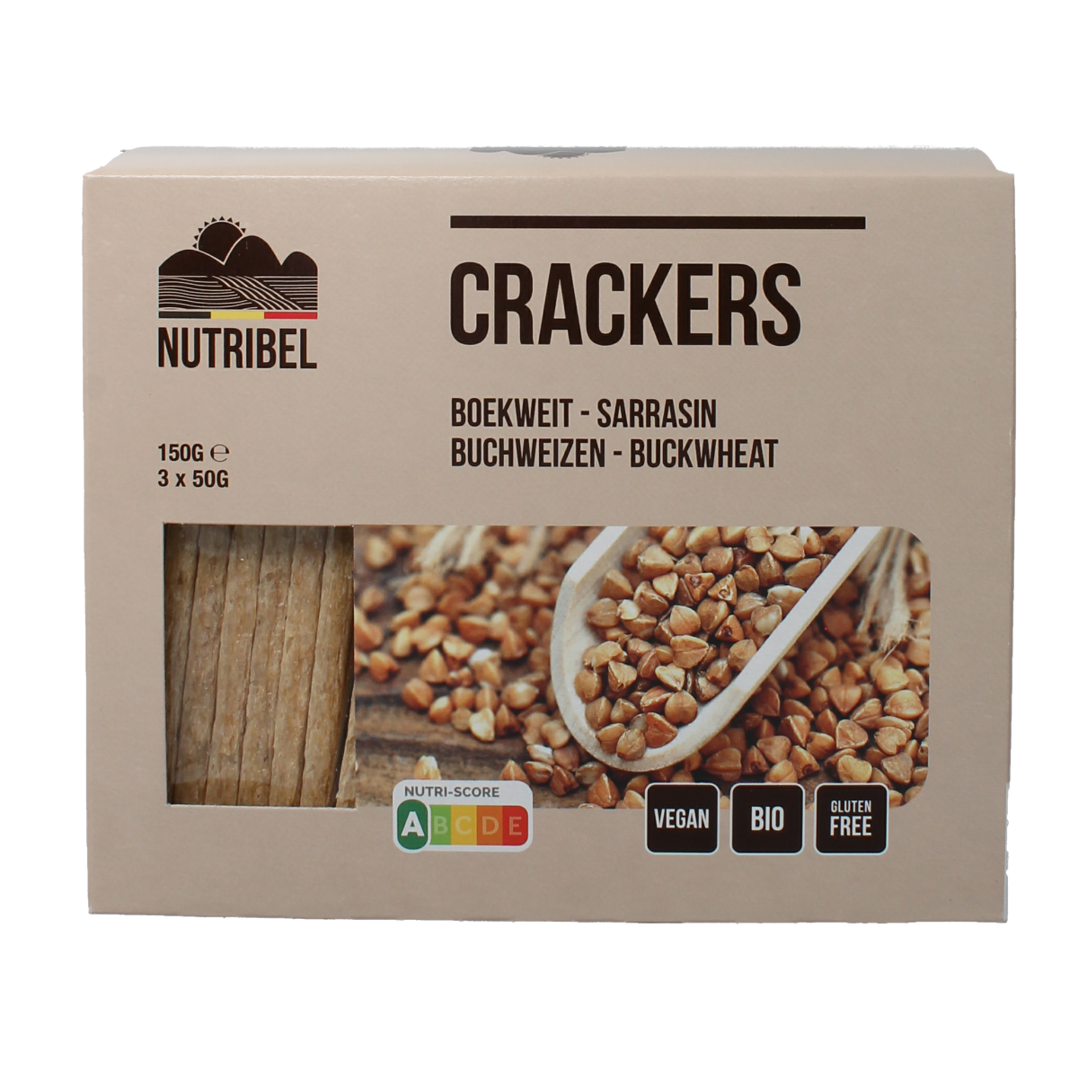 Nutribel bio buckwheat crackers in a 150g package, view of crisp, golden whole grain crackers on a white background.