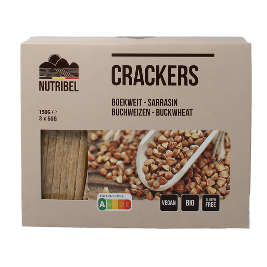 Nutribel bio buckwheat crackers in a 150g package, view of crisp, golden whole grain crackers on a white background.